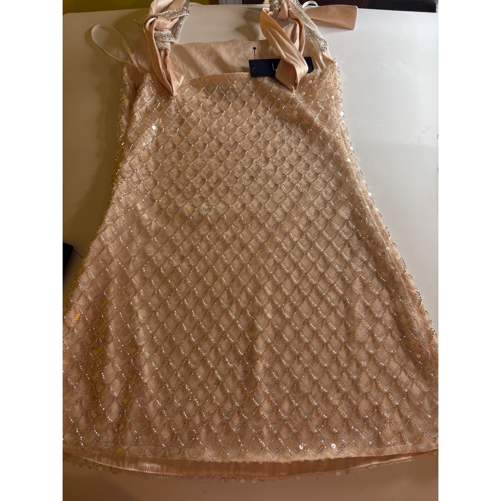 LULUS Peach Iridescent Sequin Mini Dress XS NWT Diamond Bead Ribbon Bow Strap